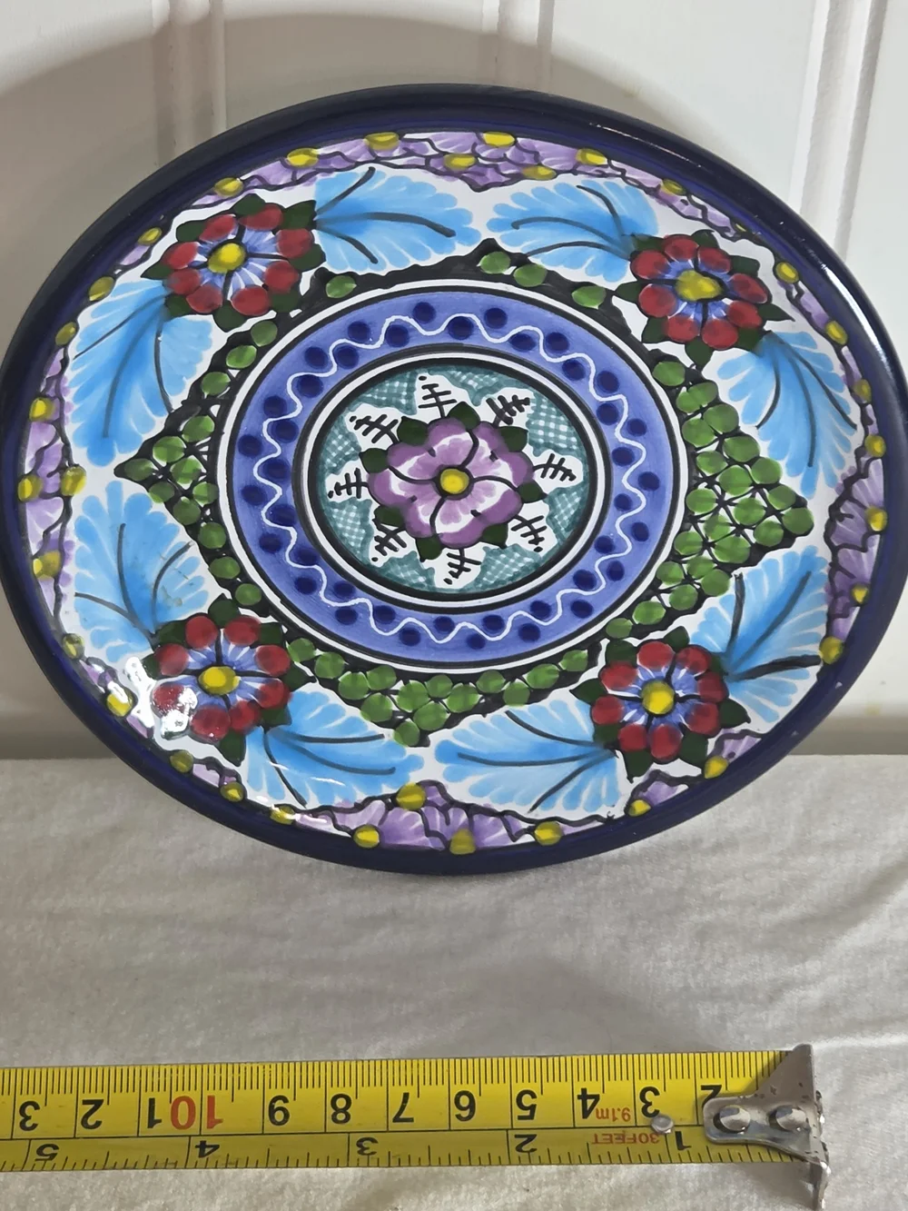 Hand-Painted Floral Ceramic Wall Art Puebla 2007 Mexican - Blue & Multicolor
